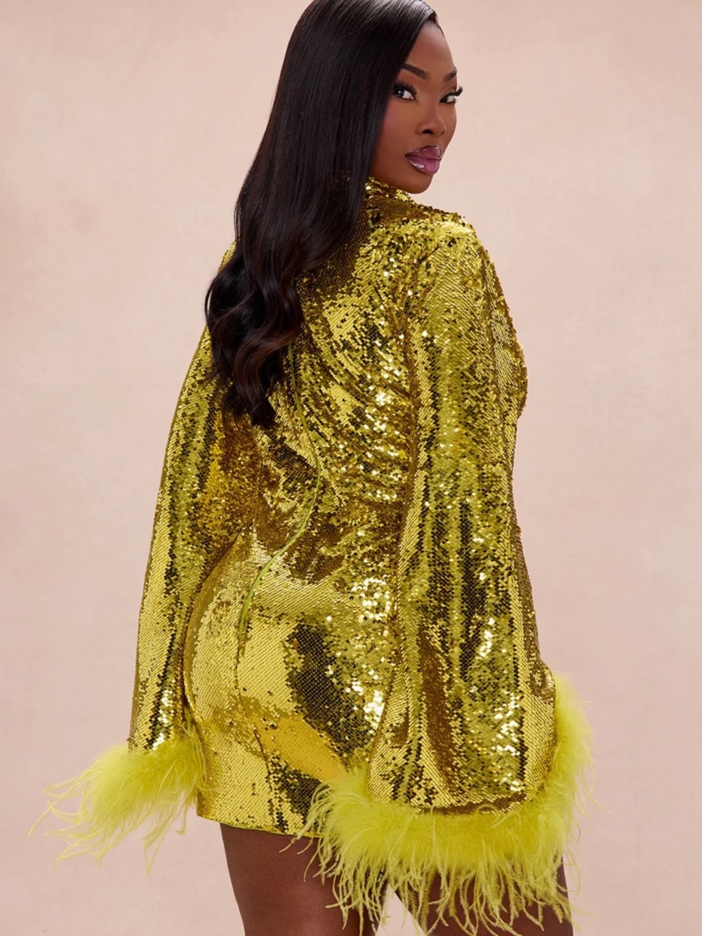 Gold Sequin Feather Cuff Mini Dress - Picture 3 of 8